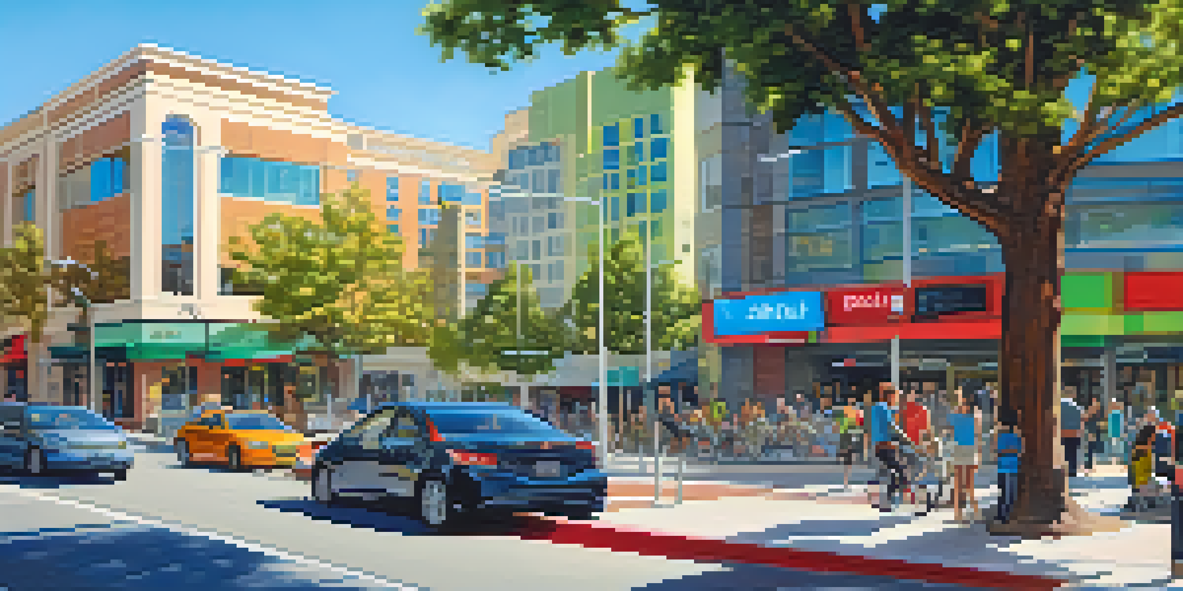 A lively urban scene in Redwood City featuring modern buildings with solar panels, smart traffic lights, and residents engaging with mobile apps in green spaces.