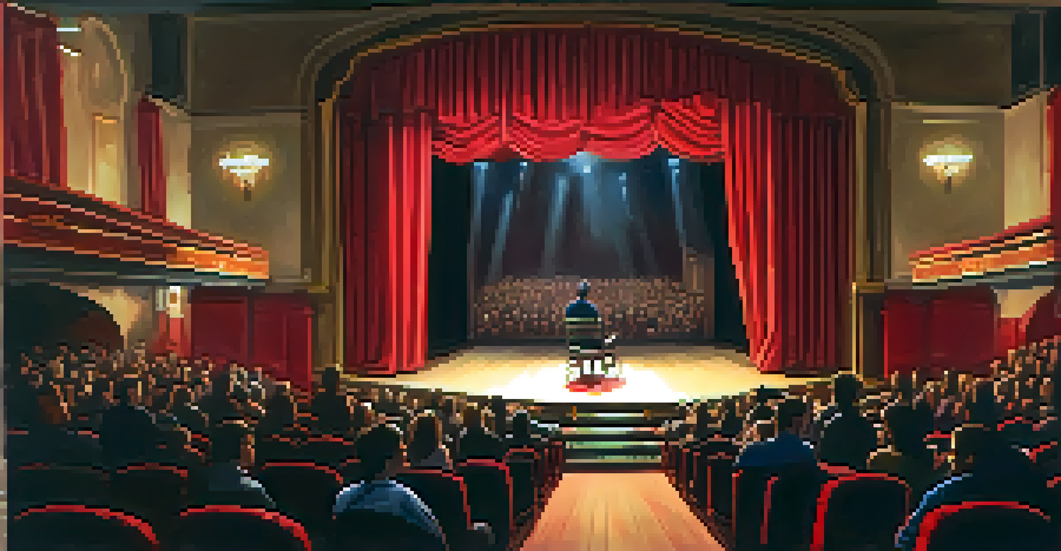An intimate theater setting with red curtains and an engaged audience watching a performance.