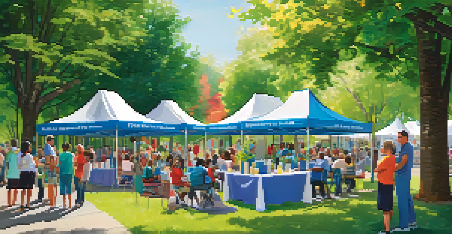 A vibrant outdoor community health event with families engaging in health screenings.