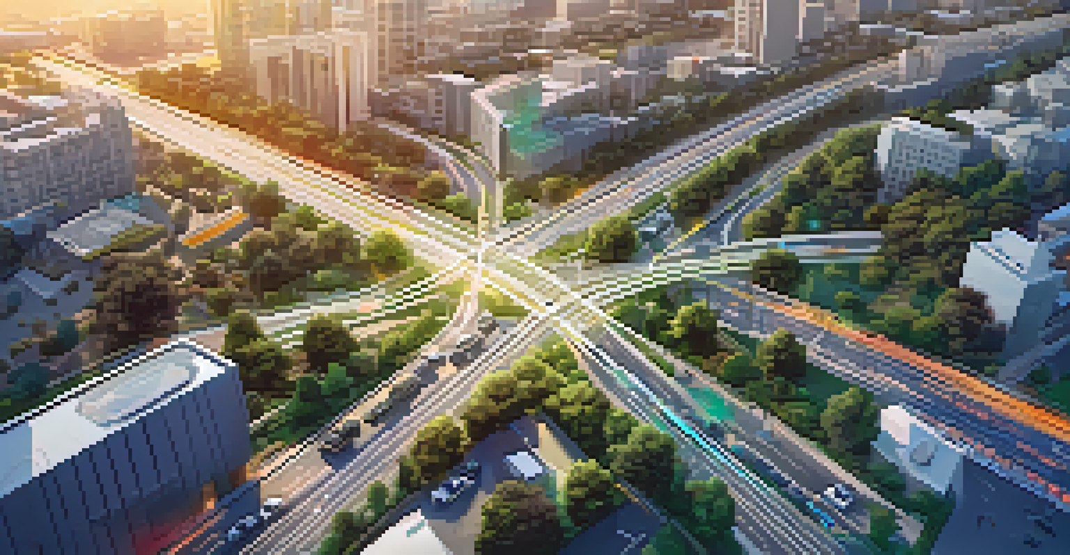 Bird's-eye view of a smart city with autonomous vehicles and traffic lights, highlighted by a sunset glow, depicting urban planning.
