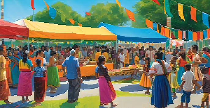 A lively community festival in a park with diverse residents enjoying food, dance, and conversation.