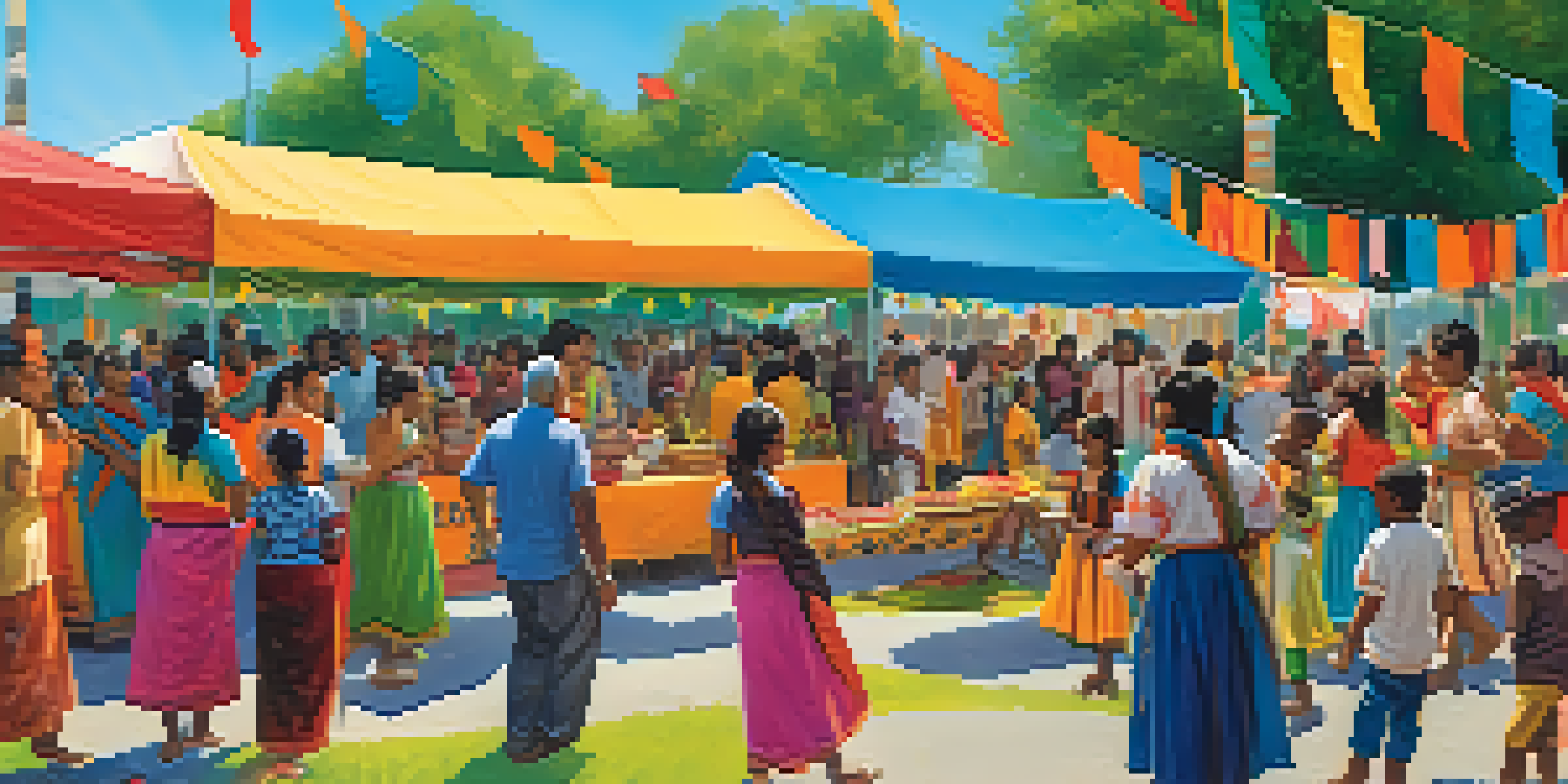A lively community festival in a park with diverse residents enjoying food, dance, and conversation.