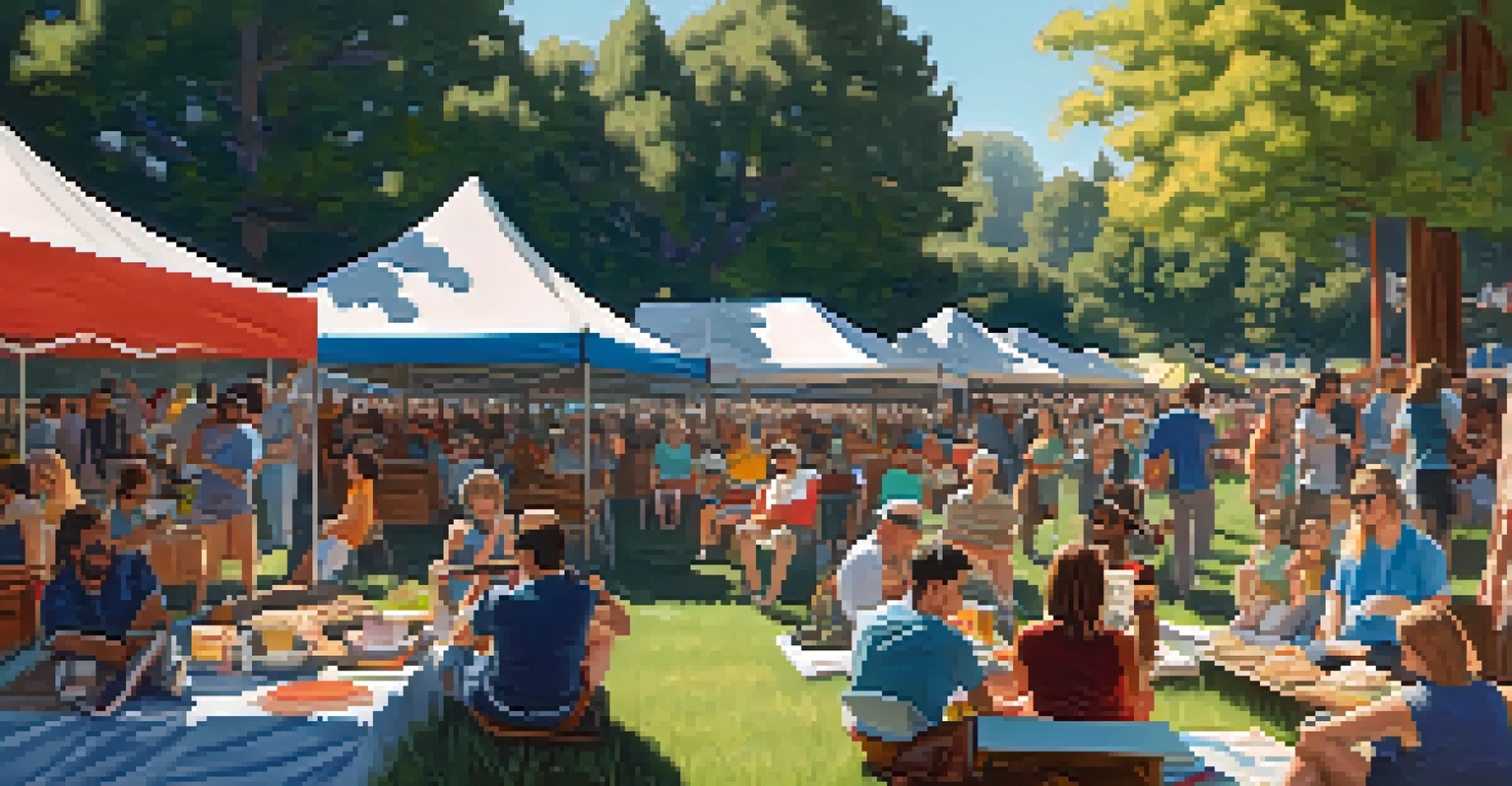 A vibrant outdoor music festival with musicians on stage and an engaged audience enjoying the performance, surrounded by food stalls.