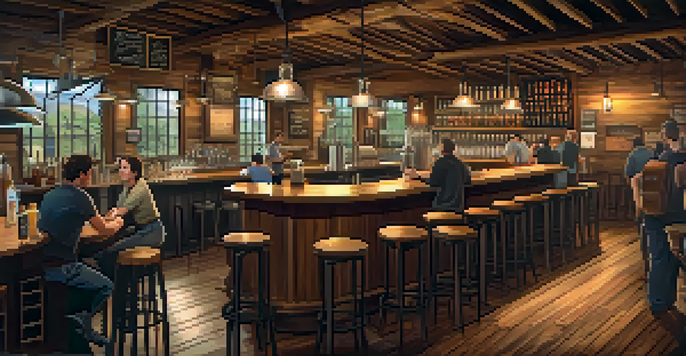A cozy brewery with wooden beams and rustic decor, where patrons enjoy craft beers at a bar, with a chalkboard menu in the background.