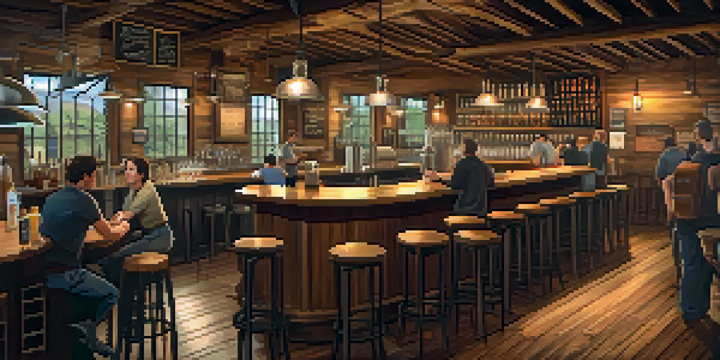 A cozy brewery with wooden beams and rustic decor, where patrons enjoy craft beers at a bar, with a chalkboard menu in the background.