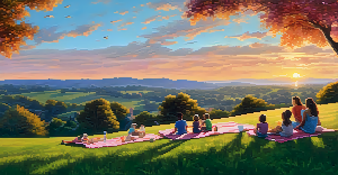 A family having a picnic in a picturesque park at sunset, with rolling hills and colorful skies.