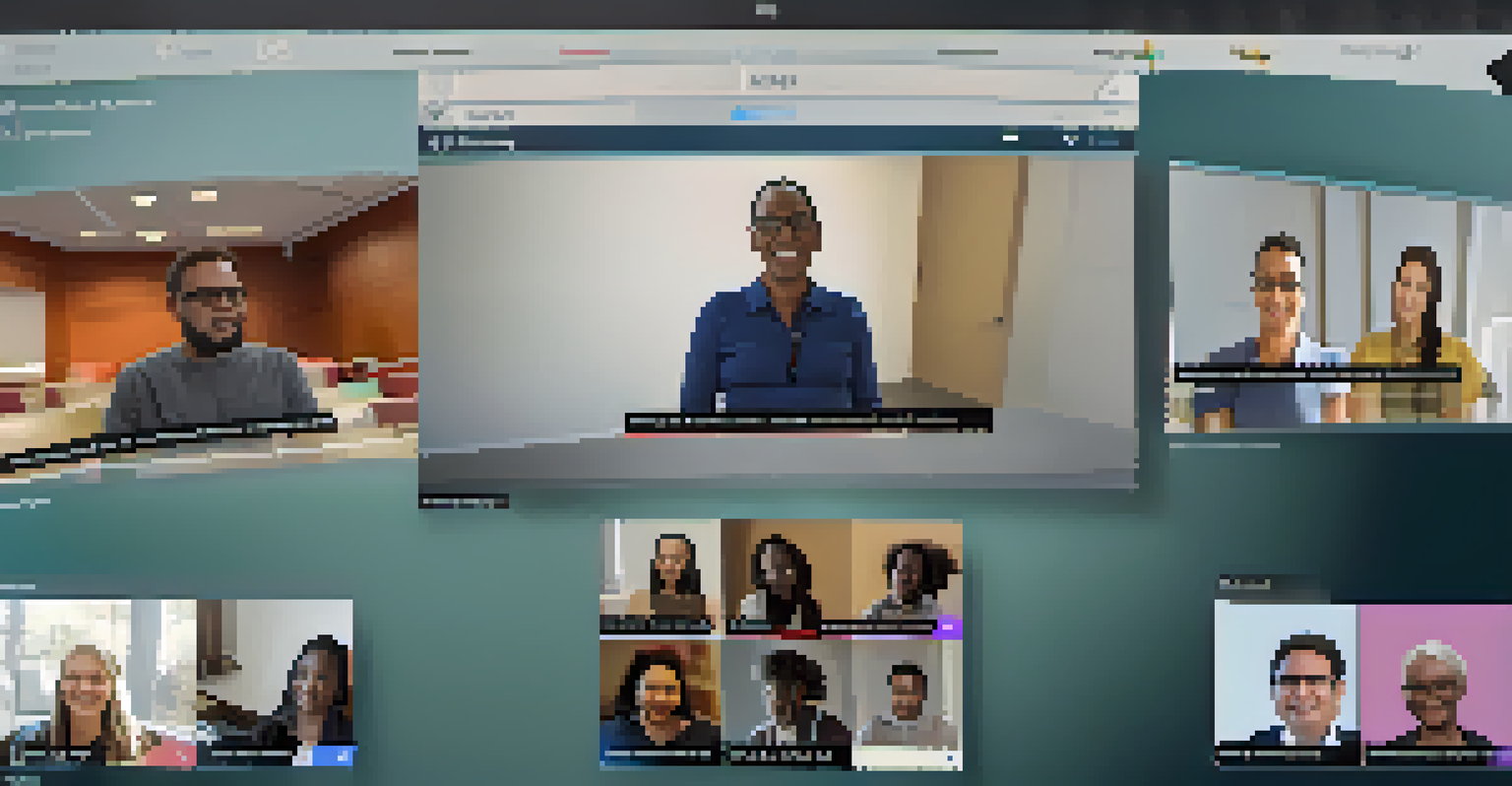 A virtual town hall meeting with diverse residents sharing opinions on a video call, and a digital screen showing community updates.