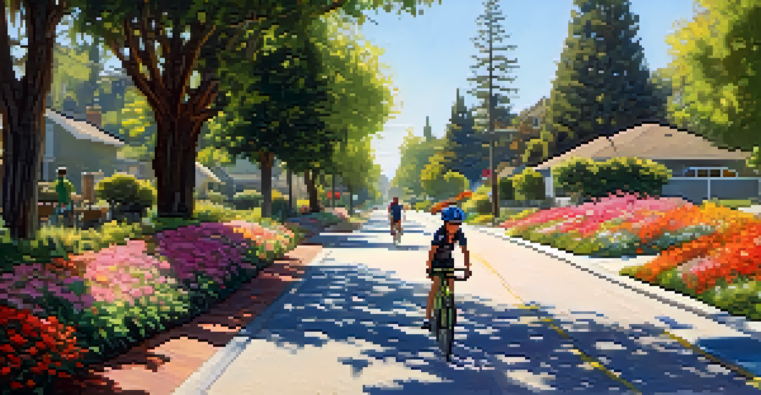 A peaceful bicycle path in Redwood City with a cyclist riding, surrounded by trees and flowers. Children are playing nearby in the bright sunlight.
