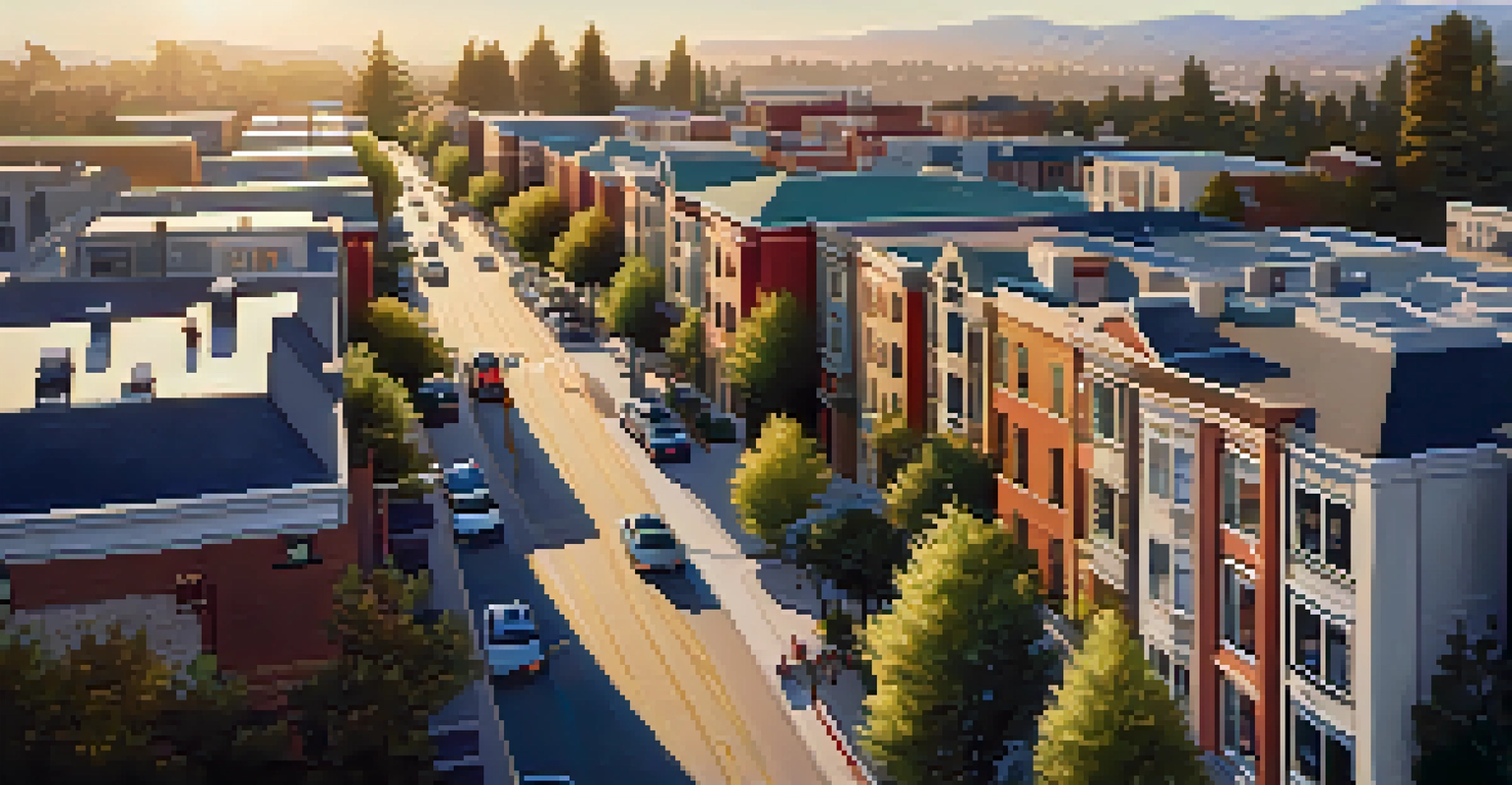 Aerial view of a mixed-use neighborhood in Redwood City showing homes, shops, and public transport connections, with bike lanes and walkways.