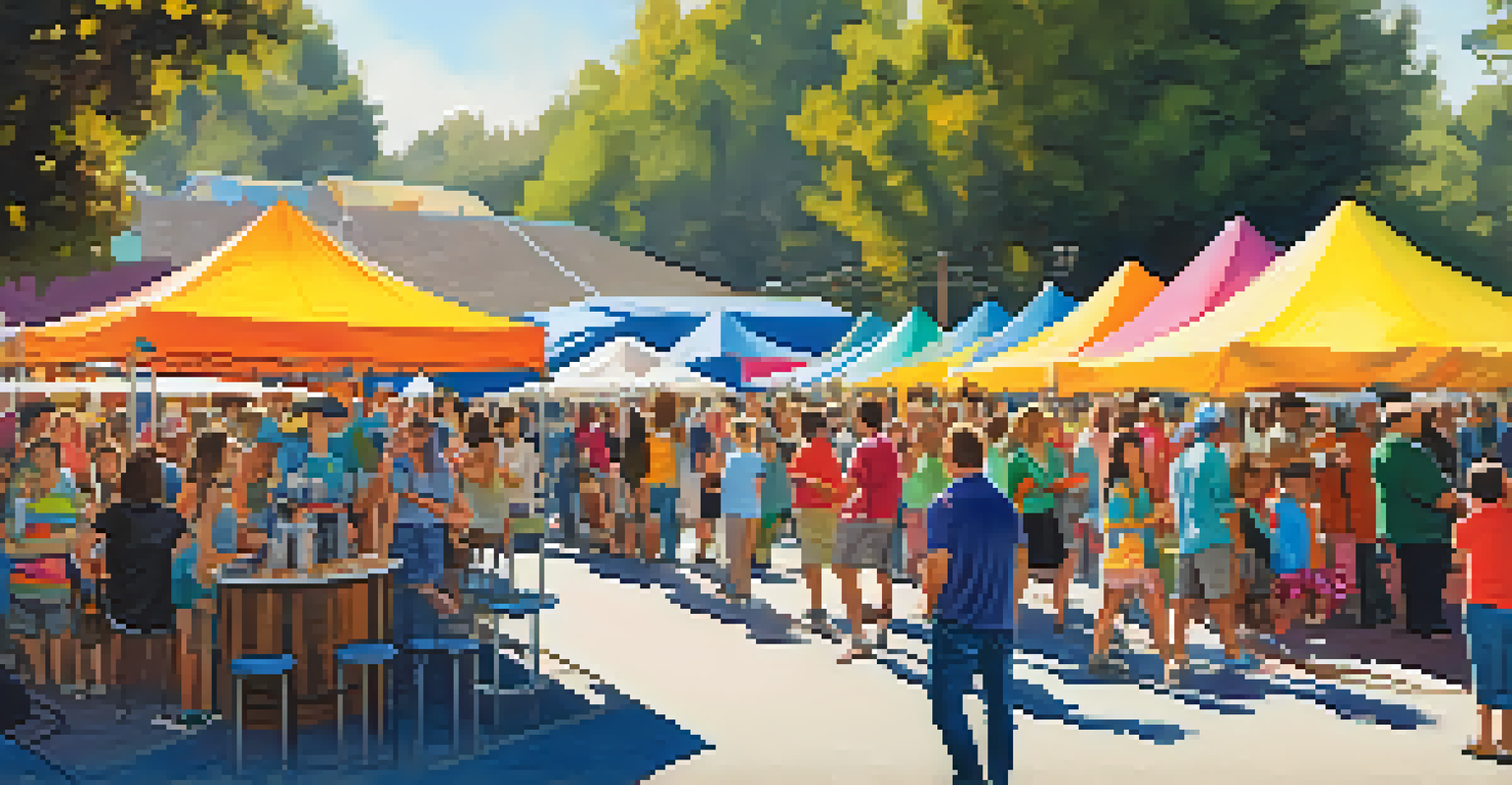 An outdoor arts festival in Redwood City, featuring colorful tents, local artists, families enjoying live music, and a festive atmosphere.