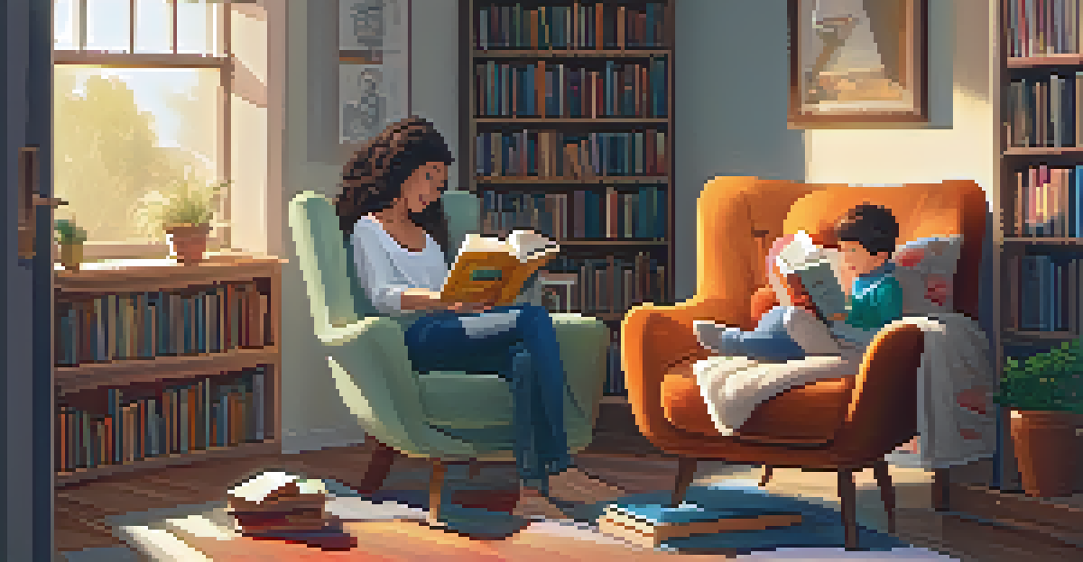 A parent reading a book to their child in a cozy home reading corner filled with soft pillows and a bookshelf.