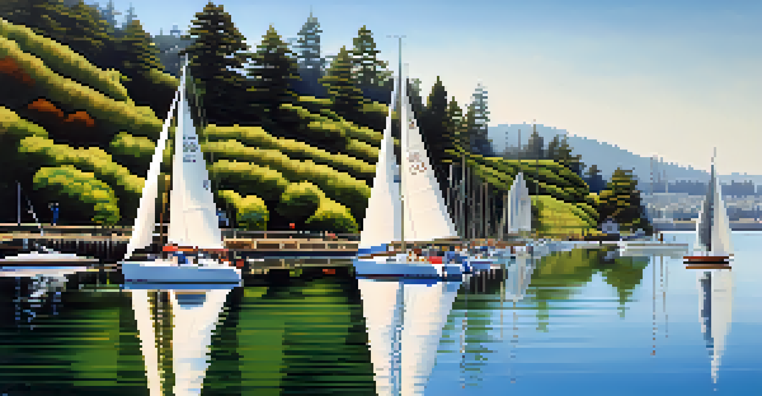 A picturesque view of the waterfront in Redwood City with colorful sailboats on the water, surrounded by green hills and a clear blue sky, depicting the local sailing culture.