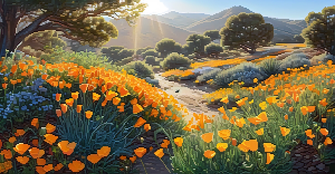 A colorful garden with native plants like California poppies and manzanitas, sunlight filtering through the leaves, attracting bees and butterflies.