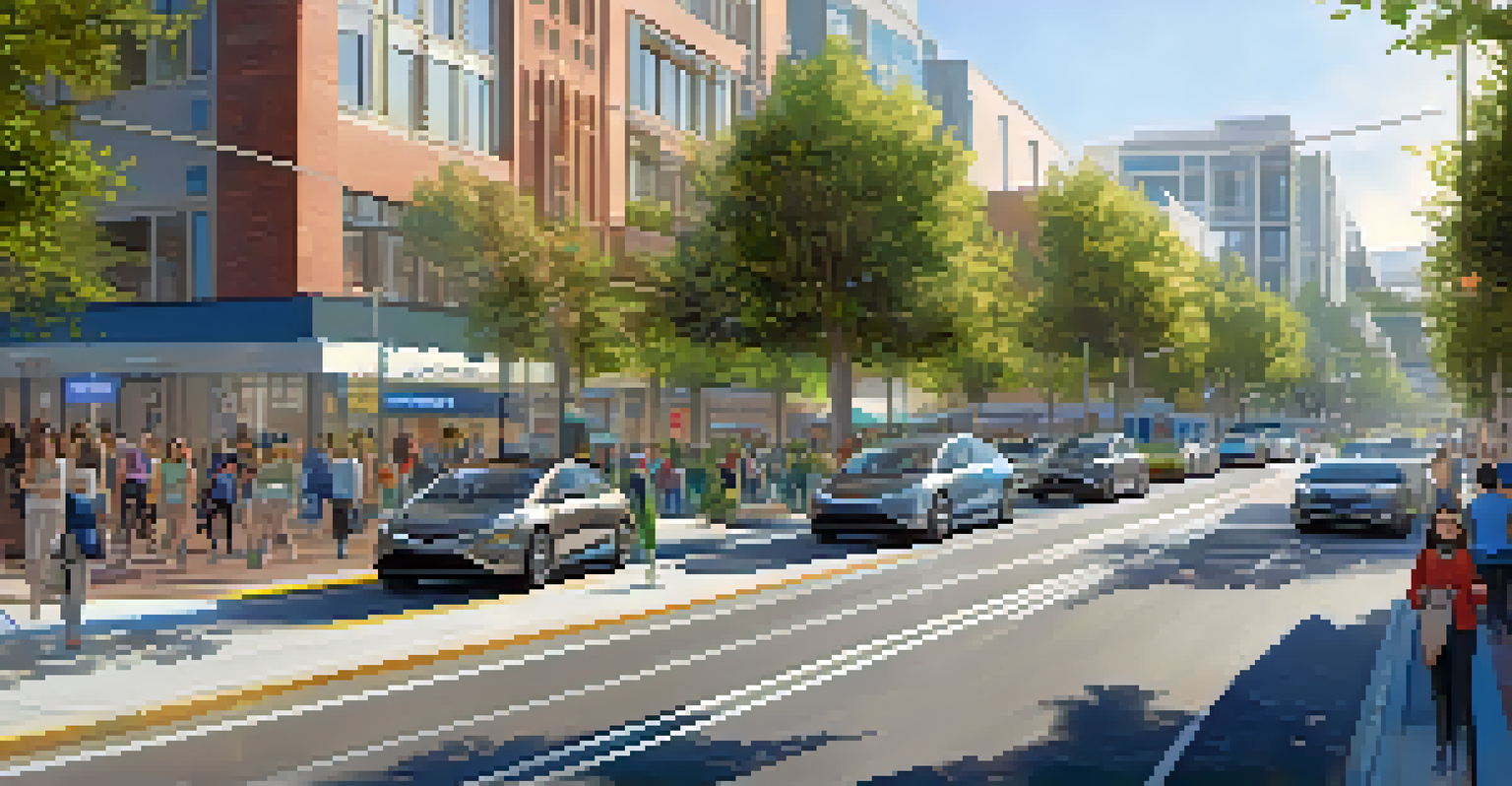 A futuristic street in Redwood City with autonomous vehicles, smart transportation signs, and charging stations, bustling with pedestrians and greenery.