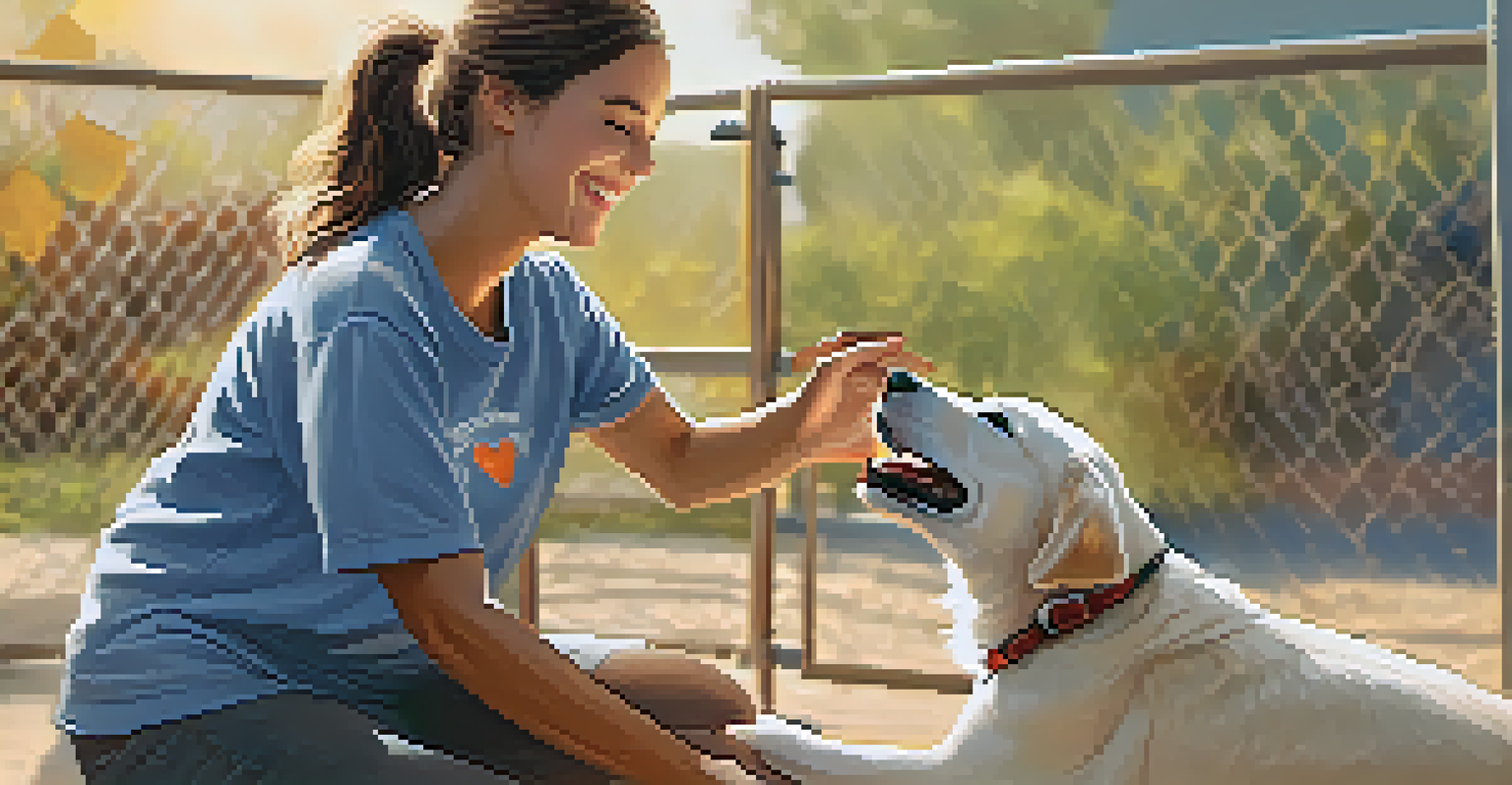 A happy volunteer interacting with a playful dog at a cozy animal shelter.