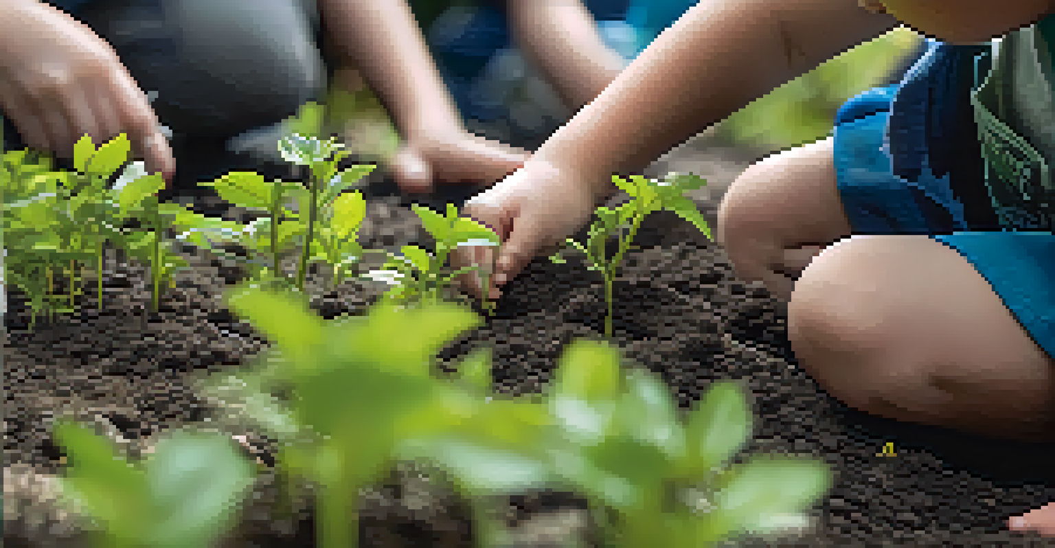 A child planting a native plant during a community event, with volunteers working in the background.