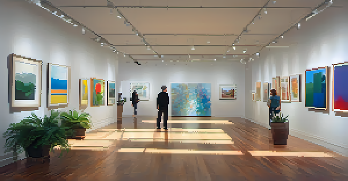 An interior view of an art gallery in Redwood City filled with colorful contemporary artworks and visitors admiring them.