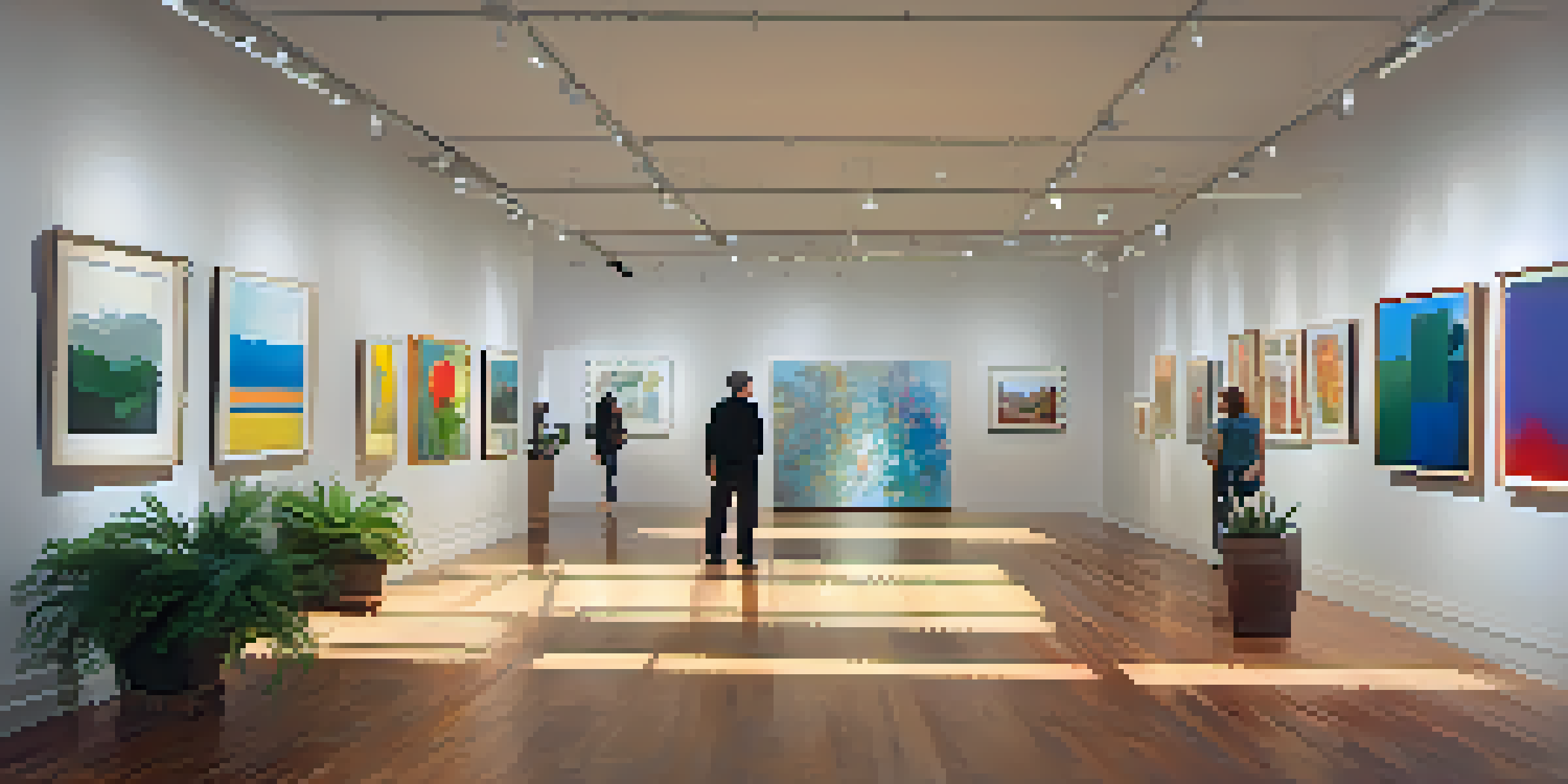 An interior view of an art gallery in Redwood City filled with colorful contemporary artworks and visitors admiring them.