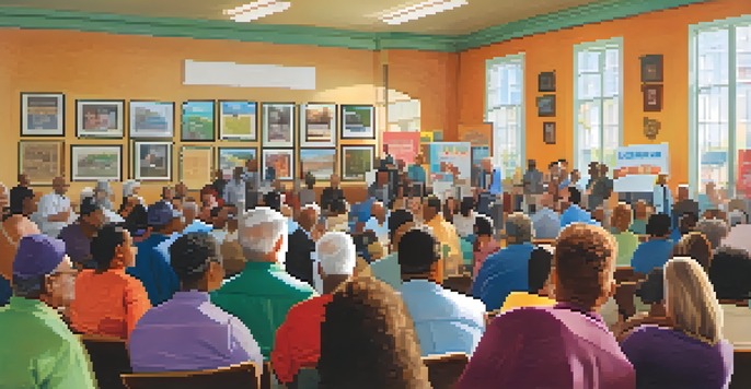 A diverse group of community members engaged in a discussion at a town hall meeting about affordable housing.