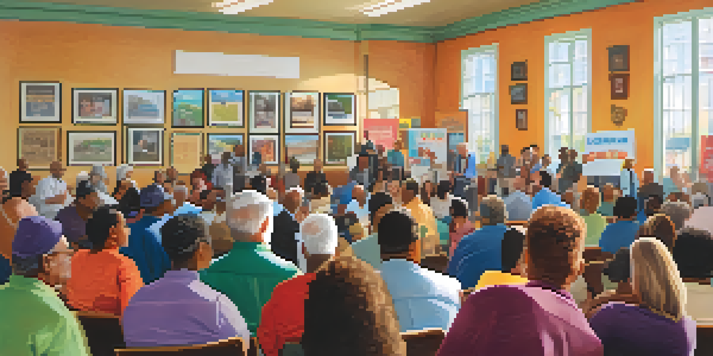 A diverse group of community members engaged in a discussion at a town hall meeting about affordable housing.