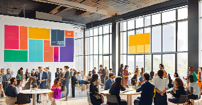 A lively networking event with diverse professionals chatting and sharing ideas in a modern venue, illuminated by natural light.