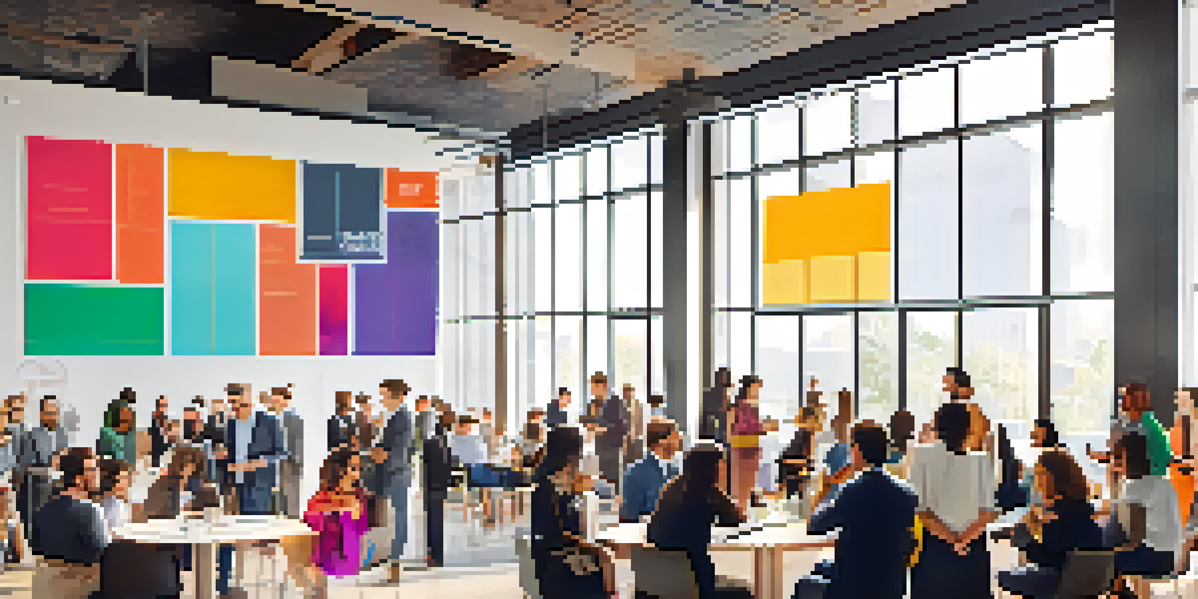 A lively networking event with diverse professionals chatting and sharing ideas in a modern venue, illuminated by natural light.