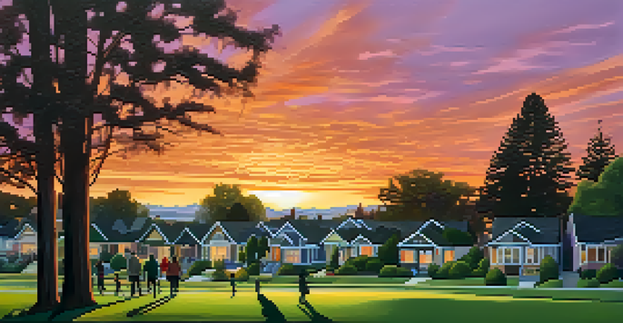 A sunset view over Redwood City with silhouettes of families walking in a park, showcasing community spirit.