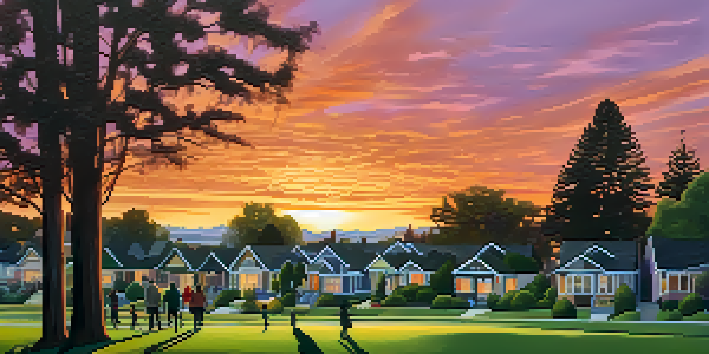 A sunset view over Redwood City with silhouettes of families walking in a park, showcasing community spirit.