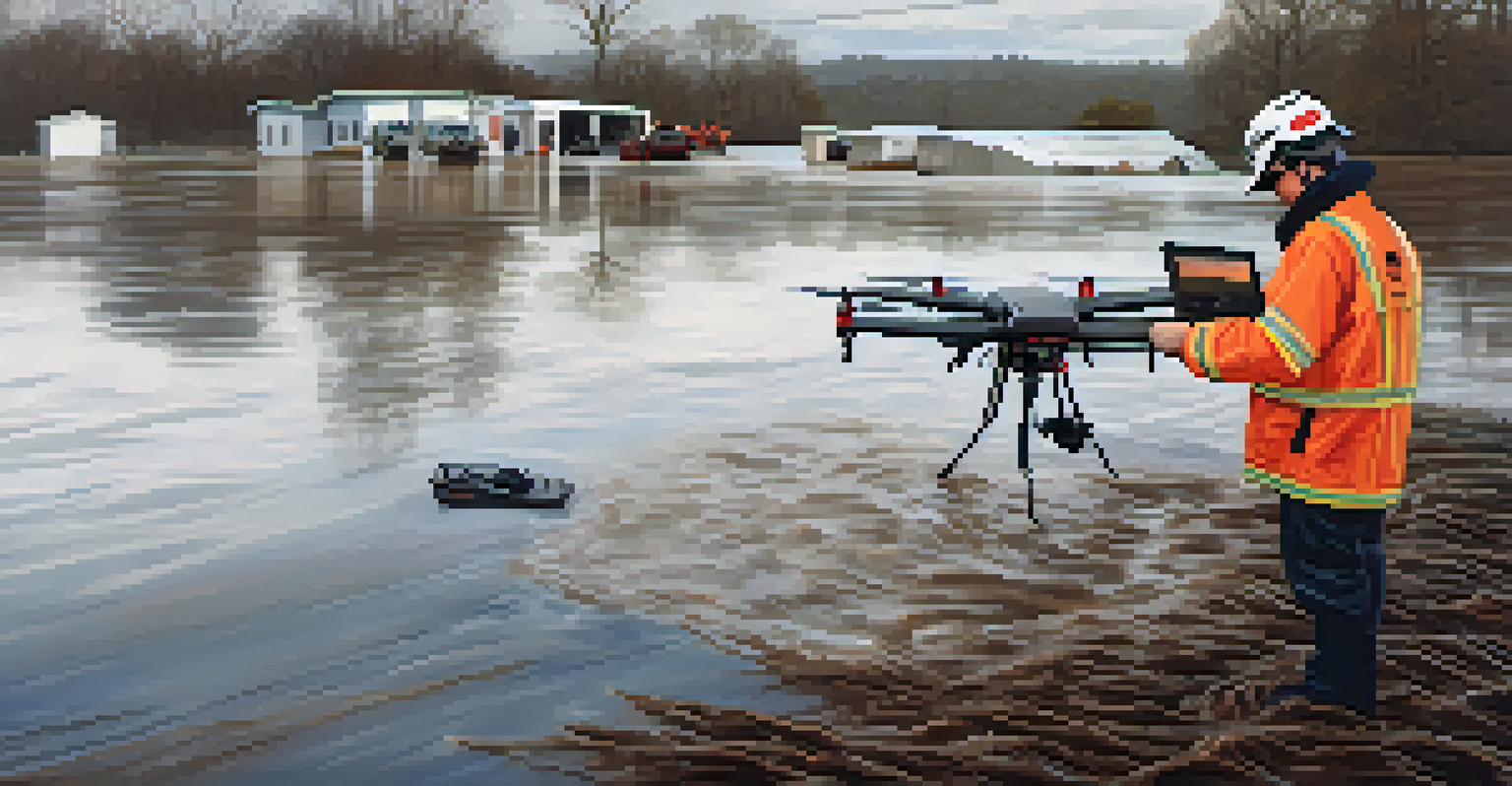 An emergency responder controlling a drone while assessing a flood-affected area on a monitor.
