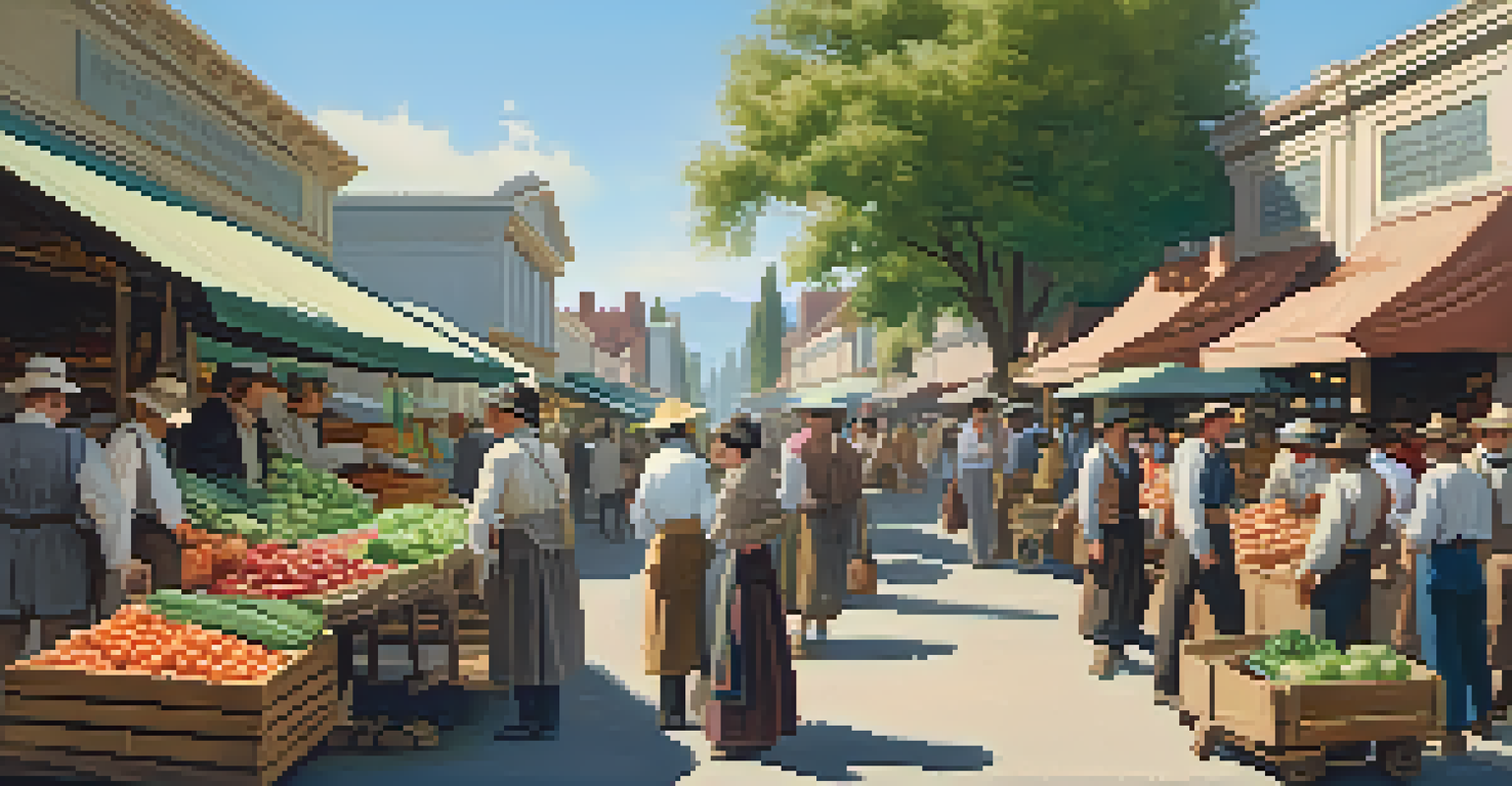 A historical market with people trading goods, wooden carts filled with produce, and mission-style buildings in the background under a sunny sky.