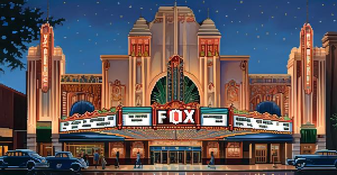 An exterior view of the Fox Theatre at dusk, highlighting its Art Deco design and illuminated marquee.