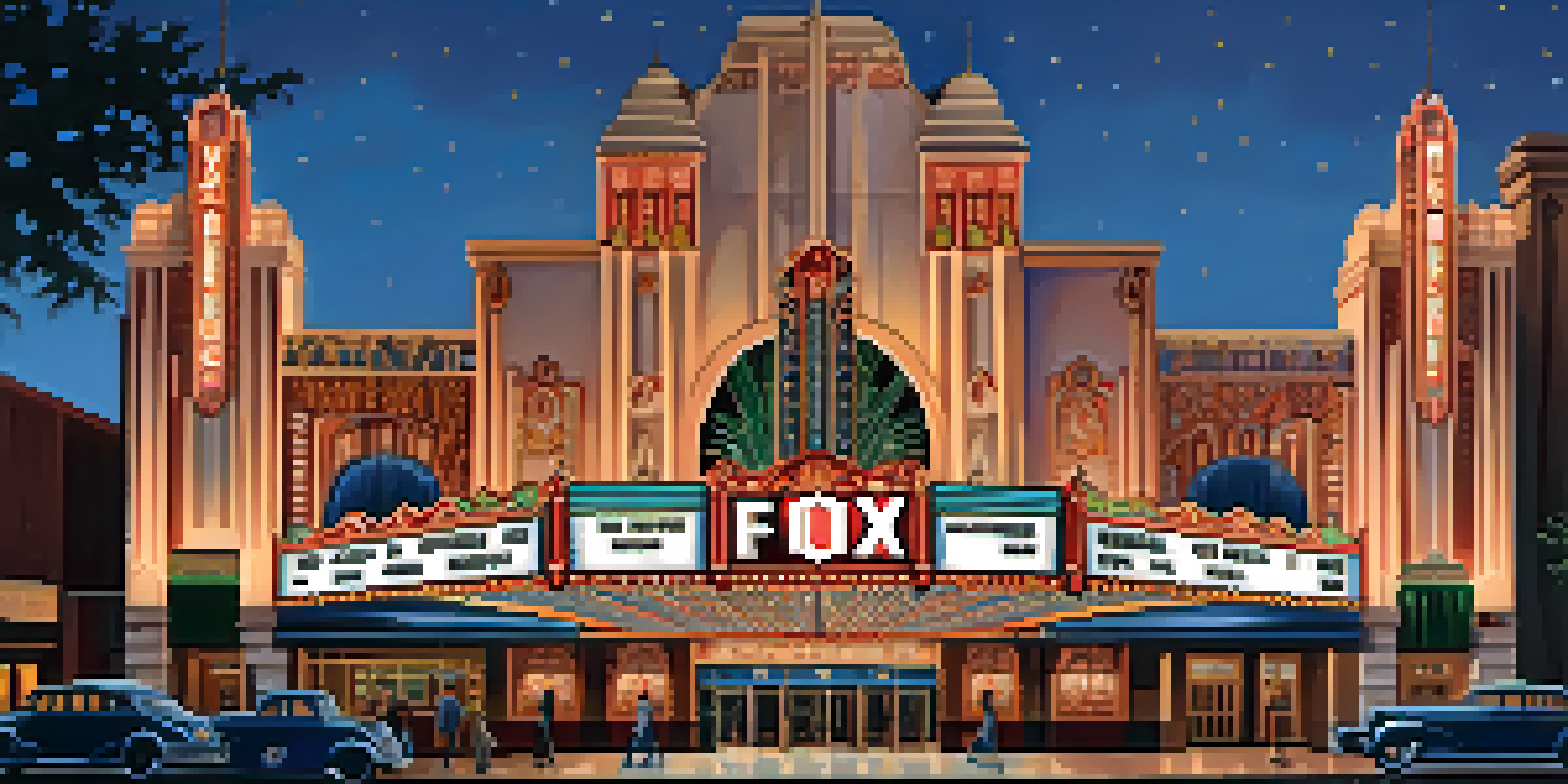 An exterior view of the Fox Theatre at dusk, highlighting its Art Deco design and illuminated marquee.