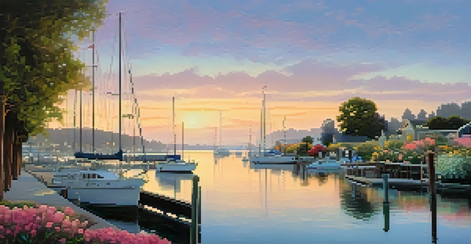 A tranquil sunrise over the waterfront with soft colors, reflecting in calm waters and a couple walking along a path.