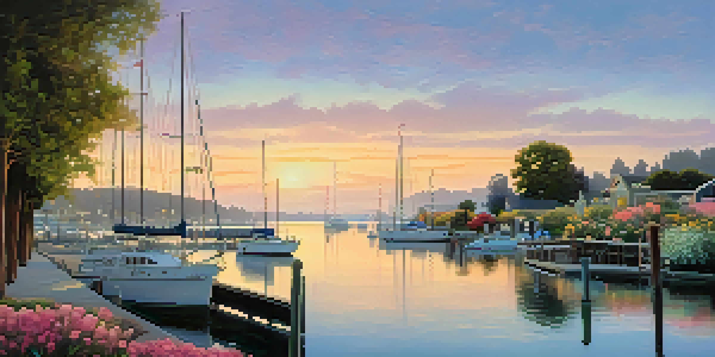 A tranquil sunrise over the waterfront with soft colors, reflecting in calm waters and a couple walking along a path.