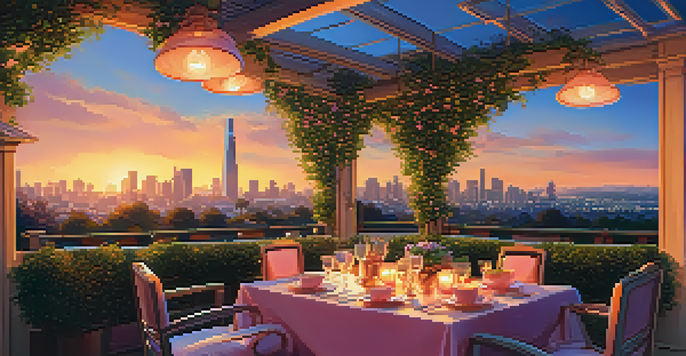 A rooftop dining table elegantly set with candles and greenery, overlooking the Redwood City skyline at sunset.