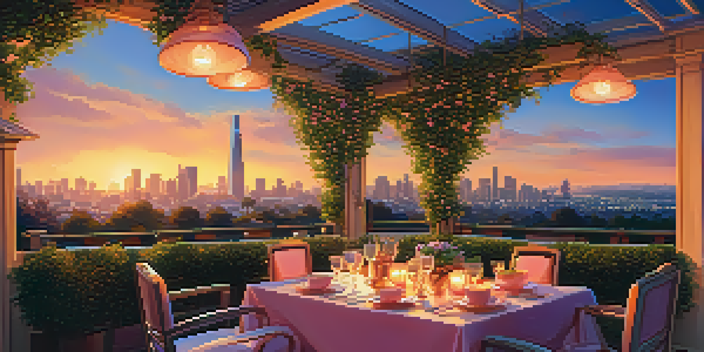 A rooftop dining table elegantly set with candles and greenery, overlooking the Redwood City skyline at sunset.