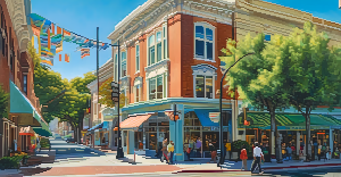 A lively downtown scene in Redwood City, showcasing historic buildings, pedestrians, and greenery under a clear blue sky.