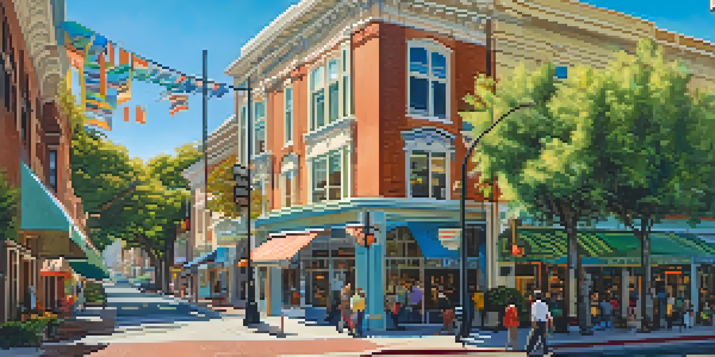 A lively downtown scene in Redwood City, showcasing historic buildings, pedestrians, and greenery under a clear blue sky.