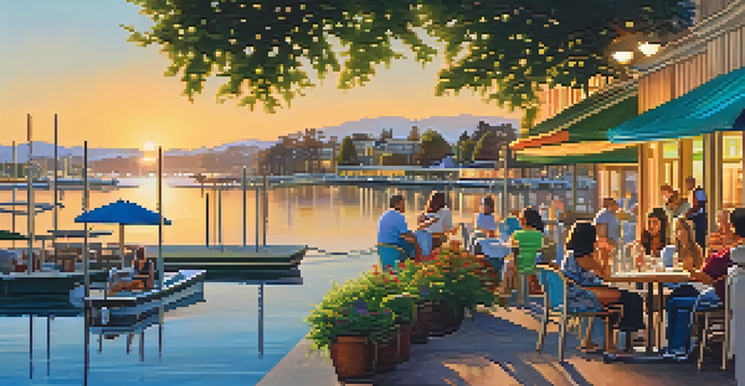 A scenic view of the Redwood City waterfront with restaurants and people enjoying outdoor activities during sunset.