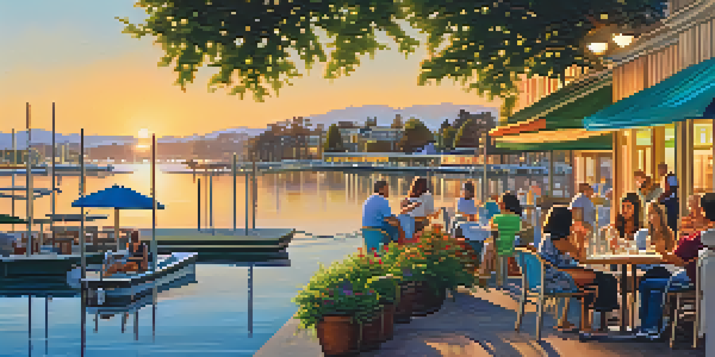 A scenic view of the Redwood City waterfront with restaurants and people enjoying outdoor activities during sunset.