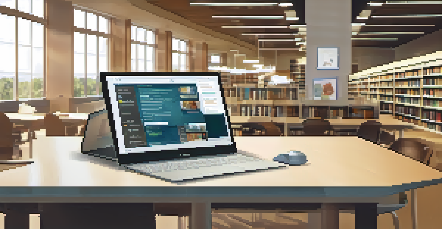 A close-up of a computer station in a library, showing a user participating in an online course with educational materials nearby.