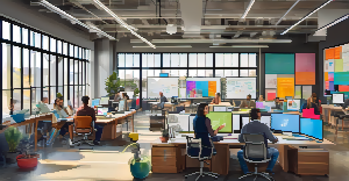 A lively collaborative workspace in Redwood City, featuring diverse people brainstorming with colorful notes on whiteboards and modern furniture.