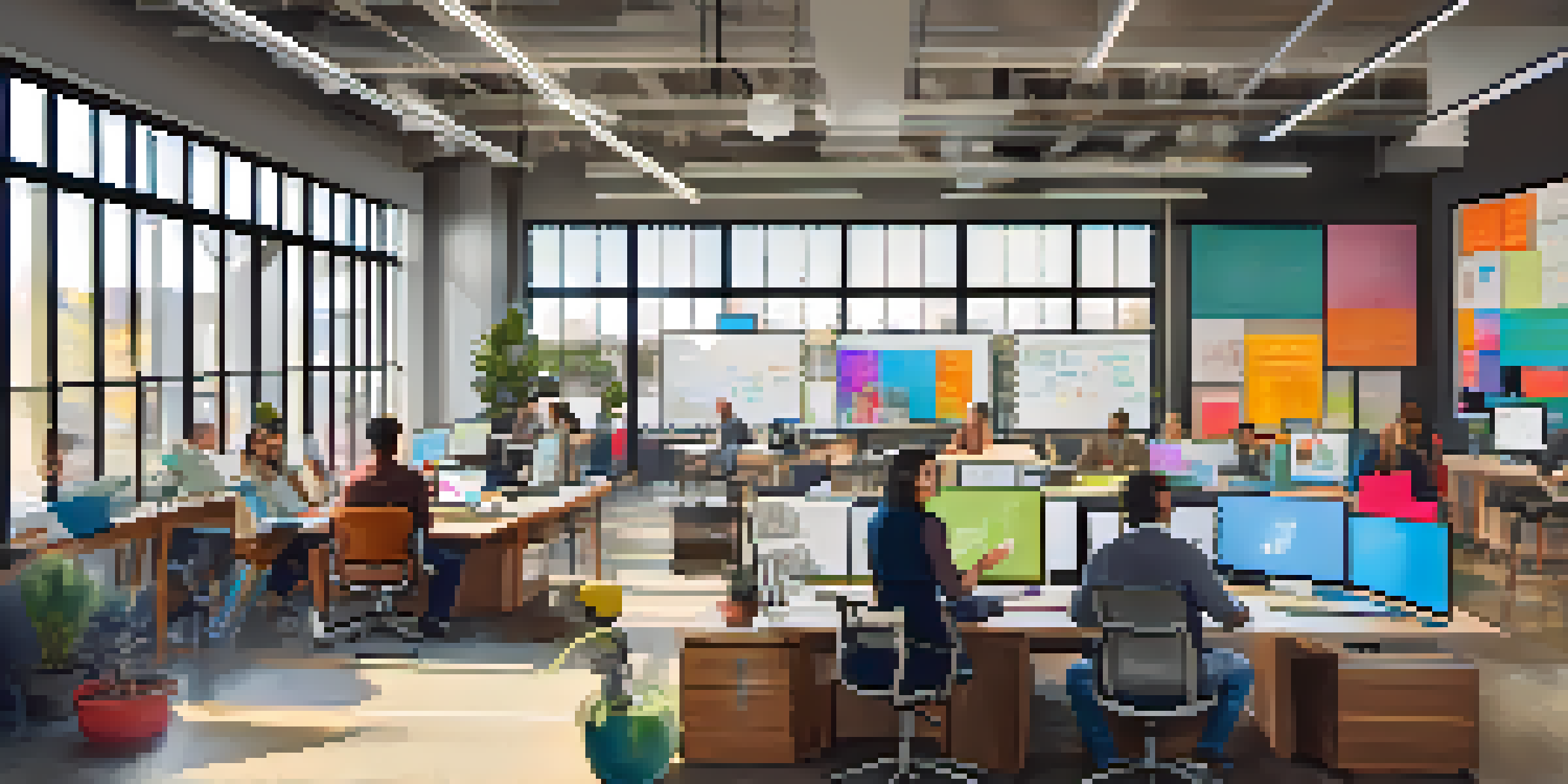 A lively collaborative workspace in Redwood City, featuring diverse people brainstorming with colorful notes on whiteboards and modern furniture.