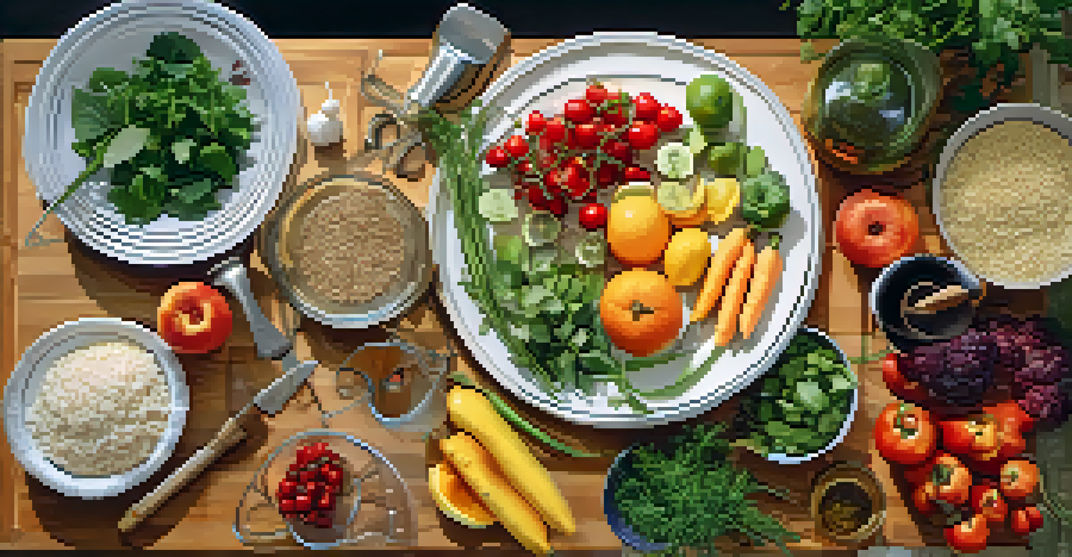 An overhead view of a cooking station featuring fresh seasonal produce, herbs, and a recipe, all beautifully arranged with warm lighting.