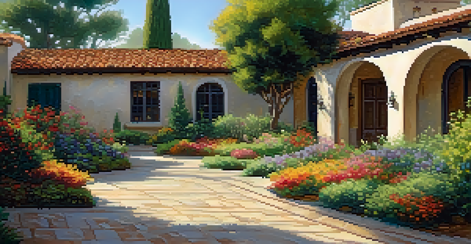A Mediterranean-style courtyard in Redwood City, showcasing stone pathways, lush greenery, and colorful flowers under dappled sunlight.