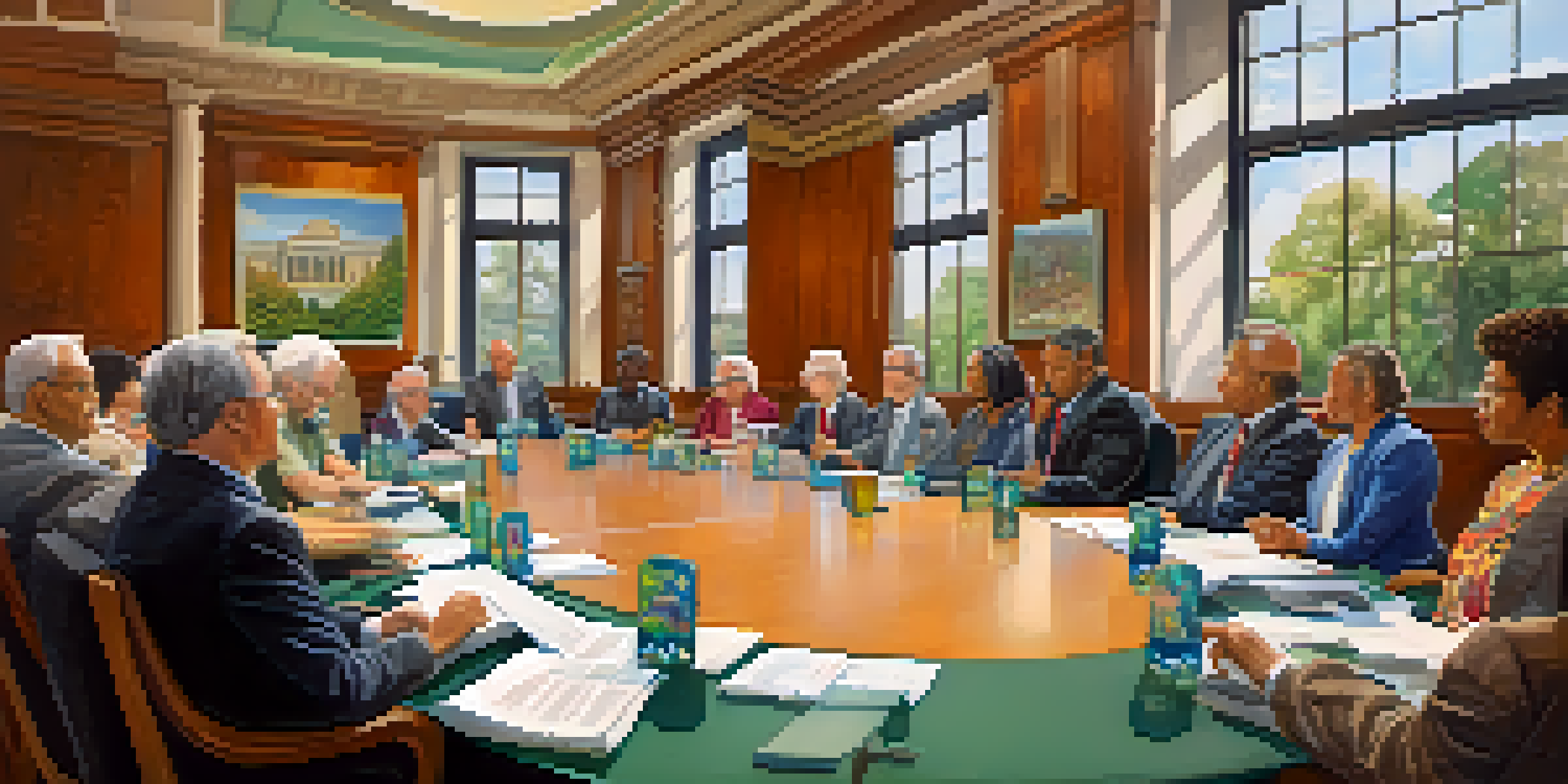 A diverse group of five city council members actively participating in a meeting, surrounded by sunlight and city-themed decor.