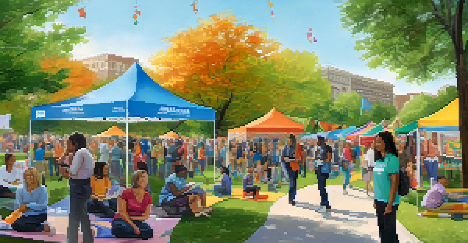 A community event in a park promoting mental health awareness with colorful banners, booths, and people engaging in activities.
