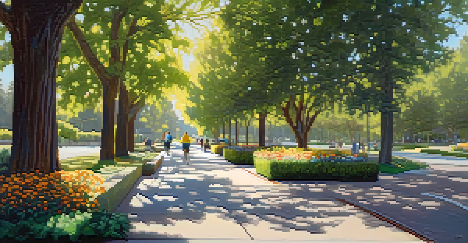 A peaceful park pathway in Redwood City with a bike lane and walking path surrounded by flowers and trees, illuminated by soft sunlight.