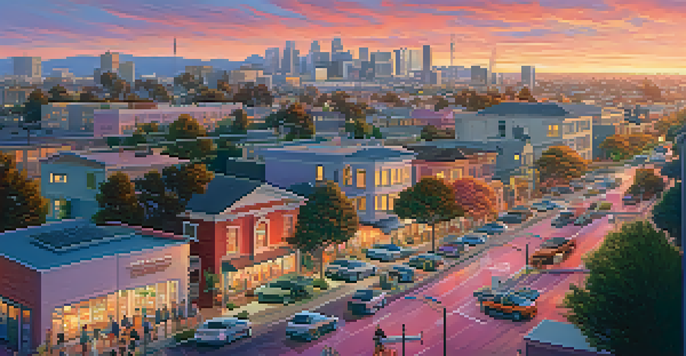 A sunset view of Redwood City's skyline with solar panels, electric vehicles, and people engaged in community activities.