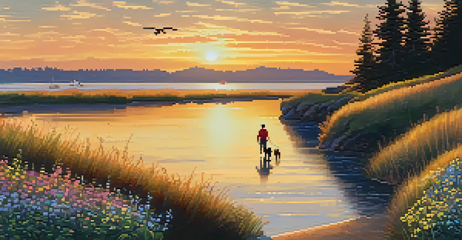 A person walking their dog along a scenic trail at sunset, with wildflowers and shimmering water in the background.